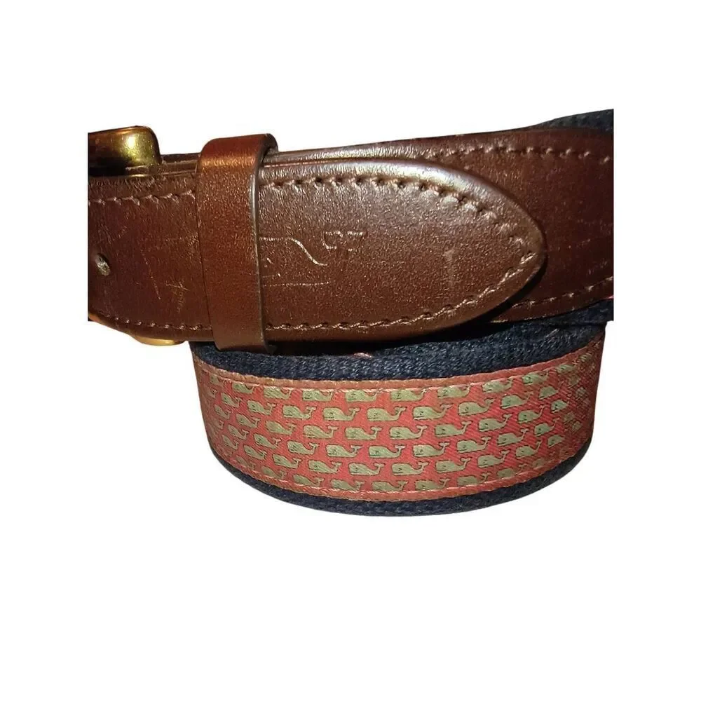 Vineyard Vines Men's Preppy Pink Whale Print Canvas & Leather Club Belt Size 32